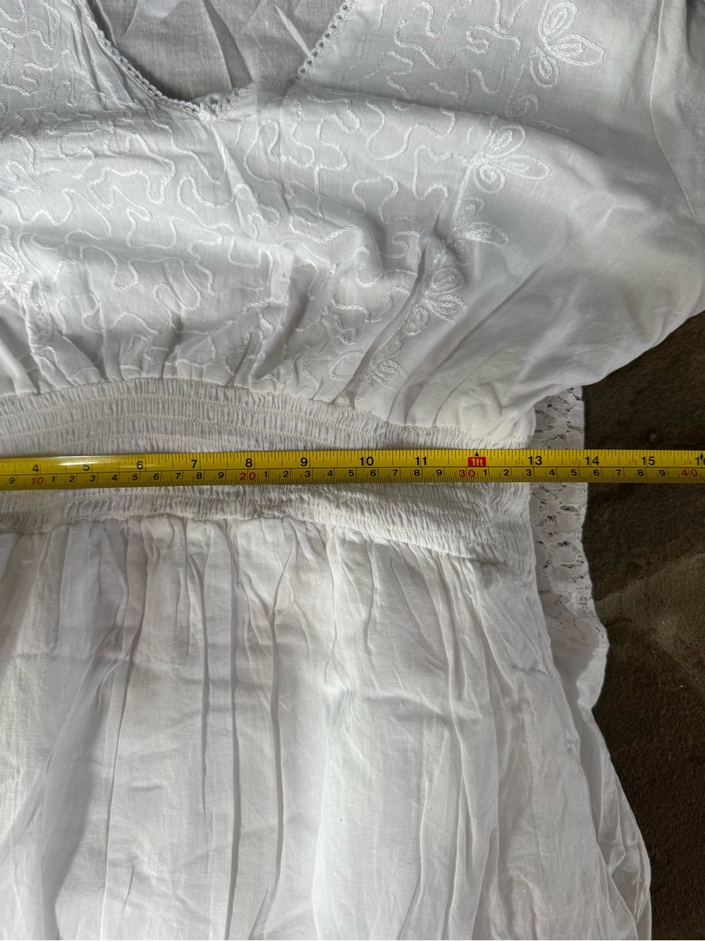 White Cotton V-Neck Embroidered Smocked Waist Sundress - Picture 5 of 7